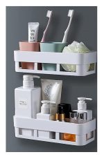 Self-Adhesive Plastic Bathroom Wall Shelf Basket with Drain Holes, No Drill Rectangular Storage Rack for Shampoo Soap Organiser, White Pack of 2 - Image 3