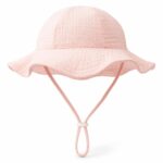 Satmarhz Sun Hat for Baby, Cotton, 6-12 Months, Boys Girls 0-2 Years Pink | Bucket Hat, Chin Strap Button, Breathable, Short Brim, Travel Outdoor Wear