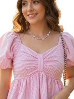 Women's Peplum Top, Blue and White Striped, Cotton Blend, Puff Sleeves with Ruched Sweetheart Neckline - Image 4