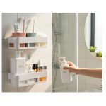 Wall Mounted Bathroom Shelf Organizer, (Pack of 2) Self-Adhesive Plastic Shower Caddy with Drain Holes, Multi-Compartment Toiletry Holder for Toothbrush and Skincare, White Storage Rack - Image 7