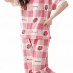 Women Capri Pajama Set Korean Style Nightsuit Soft Breathable Top and Mid Length Pants Lightweight Loose Fit Nightwear Loungewear