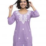 Women’s Short Kurti Floral Embriodery Ethnic Top 3/4 Sleeves Comfortable Regular Fir Kurta for Jeans Leggings Casual Summer Traditional Office Outfits for Girls