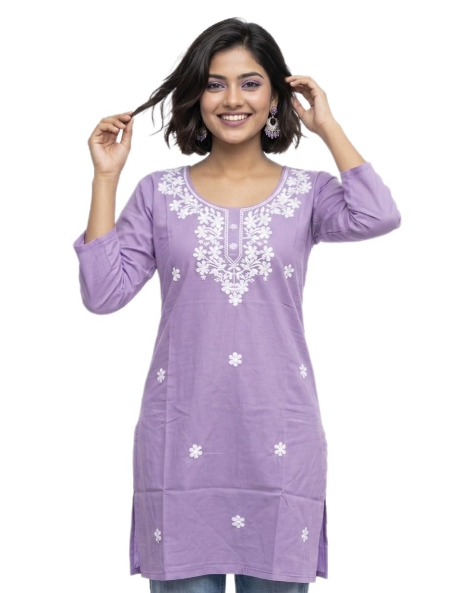 51hkilk796L._SL1212_.jpg Women’s Short Kurti Floral Embriodery Ethnic Top 3/4 Sleeves Comfortable Regular Fir Kurta for Jeans Leggings Casual Summer Traditional Office Outfits for Girls - Image 1