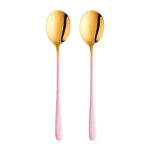 Soup Spoons Creative Kitchenware Round Head Soup-Spoons, Modern Thick Short Handle Stainless Steel Korean Spoon, Dinner Metal Spoons for Dessert Dishwasher Safe (Pack of 2, Gold-Pink)