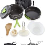 BYRM Camping Cookware Mess Kit with Gas Stove for Backpacking Gear – Camping Cooking Set - Camping Pots and Pans Set - Backpacking Stove/Portable Stove Compatible - Camp Kitchen Equipment