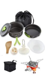 BYRM Camping Cookware Mess Kit with Gas Stove for Backpacking Gear – Camping Cooking Set - Camping Pots and Pans Set - Backpacking Stove/Portable Stove Compatible - Camp Kitchen Equipment