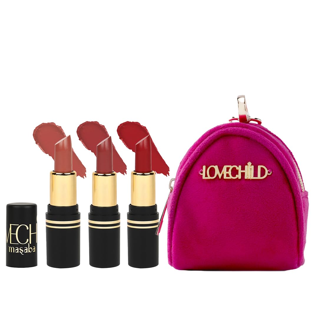 51l6IQ3MLyL._SL1080_.jpg LoveChild Masaba Pocket Mini Lipstick Gift Set, Pack of 3 with FREE Pouch, Hydrating & Long-Lasting Matte Finish, 1.5g Each, Shades for All Skin Tones, Compact & Travel-Friendly Gift Pack, Combo B - Image 1