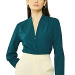 Women's Formal Shirt, Teal Green, V-Neck, Full Sleeves,Relaxed Fit