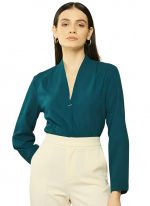 Women's Formal Shirt, Teal Green, V-Neck, Full Sleeves,Relaxed Fit