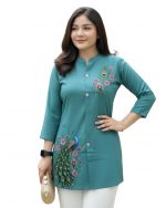 Kevin Women Rayon Peacock & Flower Print Short Kurti for Women | Stylish Casual Ethnic Tunic Top