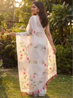 Women's linen Cotton Saree | White Floral cotton Linen Digital Prints Saree | Unstitched Blouse Piece - Image 3