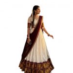 ZITON Kerala Traditional Half Saree Lehenga, Off-White with Maroon Border, Gold Elephant Motif, Complete Set for Onam & Weddings