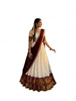 ZITON Kerala Traditional Half Saree Lehenga, Off-White with Maroon Border, Gold Elephant Motif, Complete Set for Onam & Weddings