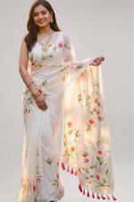 Women's linen Cotton Saree | White Floral cotton Linen Digital Prints Saree | Unstitched Blouse Piece - Image 2