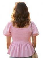 Women's Peplum Top, Blue and White Striped, Cotton Blend, Puff Sleeves with Ruched Sweetheart Neckline - Image 2