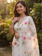 Women's linen Cotton Saree | White Floral cotton Linen Digital Prints Saree | Unstitched Blouse Piece - Image 7