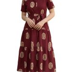 Bollyclues Women's Maroon Printed Midi Dress | Viscose Rayon Shirt Collar Dress with Waist Tie Belt | Short Sleeve Tiered A-Line Casual Summer Dress for Women