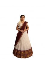 ZITON Kerala Traditional Half Saree Lehenga, Off-White with Maroon Border, Gold Elephant Motif, Complete Set for Onam & Weddings - Image 5
