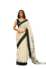 Pujia Mills Women's Soft Linen Slab Sarees with Jaquard Work with Unstitched Blouse Piece