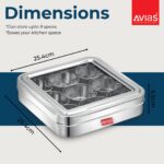 AVIAS 9 Square Stainless Steel Masala Box for Kitchen, Spice Box with See-Through Lid, 9 Containers Masala Dani/Dabba, Dry Fruit Organiser, Food Grade Rust-Free Steel, Plain Large 25.4cm, Silver - Image 4