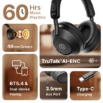 pTron Studio Ultima w/ 60Hrs Playtime, Dual Device Pairing, 40mm Drivers, Custom EQ, Mobile App, Wireless Over Ear Headphones w/HD Mic & TruTalk AI-ENC Calls, BTv5.4 & Type-C Charging (Jet Black) - Image 2
