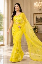 Jogal Women's Floral Designer Hand Brush Painted Zari Organza Saree with Unstitched Blouse Piece - Image 6