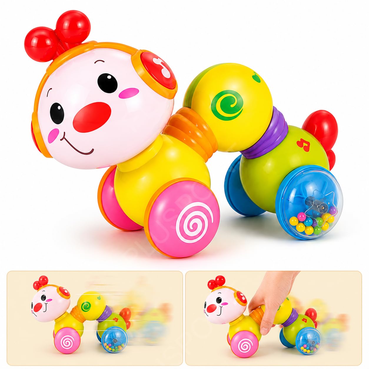 61-qqcc2IXL._SL1254_.jpg PLUSPOINT Press & Go Musical Caterpillar Toy for Kids | Friction Powered Crawling Toy with Music, Rattle Bead Wheel & Flexible Body | Push and Go Educational Toy for Babies & Toddlers 12+ Months - Image 1