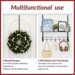 Over The Door Hook with 2 Wreath Hangers and Storage Basket, 41 CM Door Wreath Hook, Multifunctional Coat Hook for Front Door, Bathroom, Bedroom - Image 3