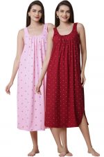 Printed Nighty Slip Gown for Women - 100% Cotton Combed Hosiery, Sleeveless Solid Pattern Maxi Length Nightwear, Soft Fabric.Combo (Pack of 2)