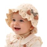SNOWIE SOFT® Baby Hats for Girls, Baby Sun Hat Four Seasons Cap for Baby Girl 0-12 Months, Warm Bucket Hat with Lace Chin Strap Visor Hats for Beach Travel Sun Protection Caps Pink