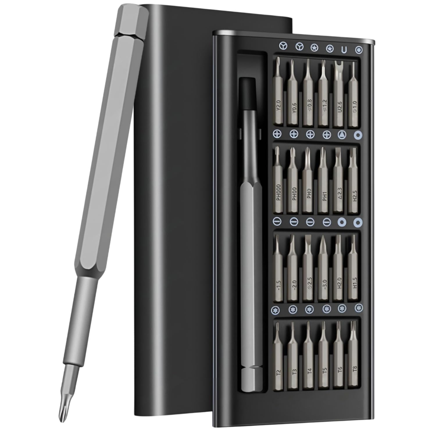 611Mw7ihCyL._SL1500_.jpg Dyazo 24-in-1 Precision Screwdriver Kit | Professional Hardware Tool Set with Magnetic Handle & Interchangeable Bits | Compact & Portable Case for Electronics, Mobile, PC, Watch & Home Repair (Black) - Image 1