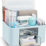 SHUTTLE ART Modern Desk Storage Organizer Box with 2 Drawers –Stackable Desk Organizer with Pen Holder and 5 Compartments – Perfect for Office, Home, School, Art Supplies, Crafts, and Stationery(Blue)