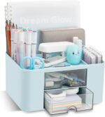 SHUTTLE ART Modern Desk Storage Organizer Box with 2 Drawers –Stackable Desk Organizer with Pen Holder and 5 Compartments – Perfect for Office, Home, School, Art Supplies, Crafts, and Stationery(Blue)