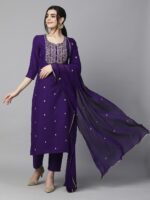 GoSriKi Women’s Cotton Blend Embroidered Kurta Set with Pant & Dupatta – Straight Calf‑Length, 3/4 Sleeve, Round Neck – Elegant Ethnic Attire (5 Colors, S–5XL) - Image 7