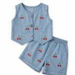 Baby Girls Denim Co-Ord Set | Sleeveless Embroidered Cherry Top & Shorts Set for Kids | Soft Denim Fabric Casual Summer Outfit for Girls (2 Piece Set)
