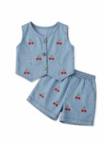 Baby Girls Denim Co-Ord Set | Sleeveless Embroidered Cherry Top & Shorts Set for Kids | Soft Denim Fabric Casual Summer Outfit for Girls (2 Piece Set)
