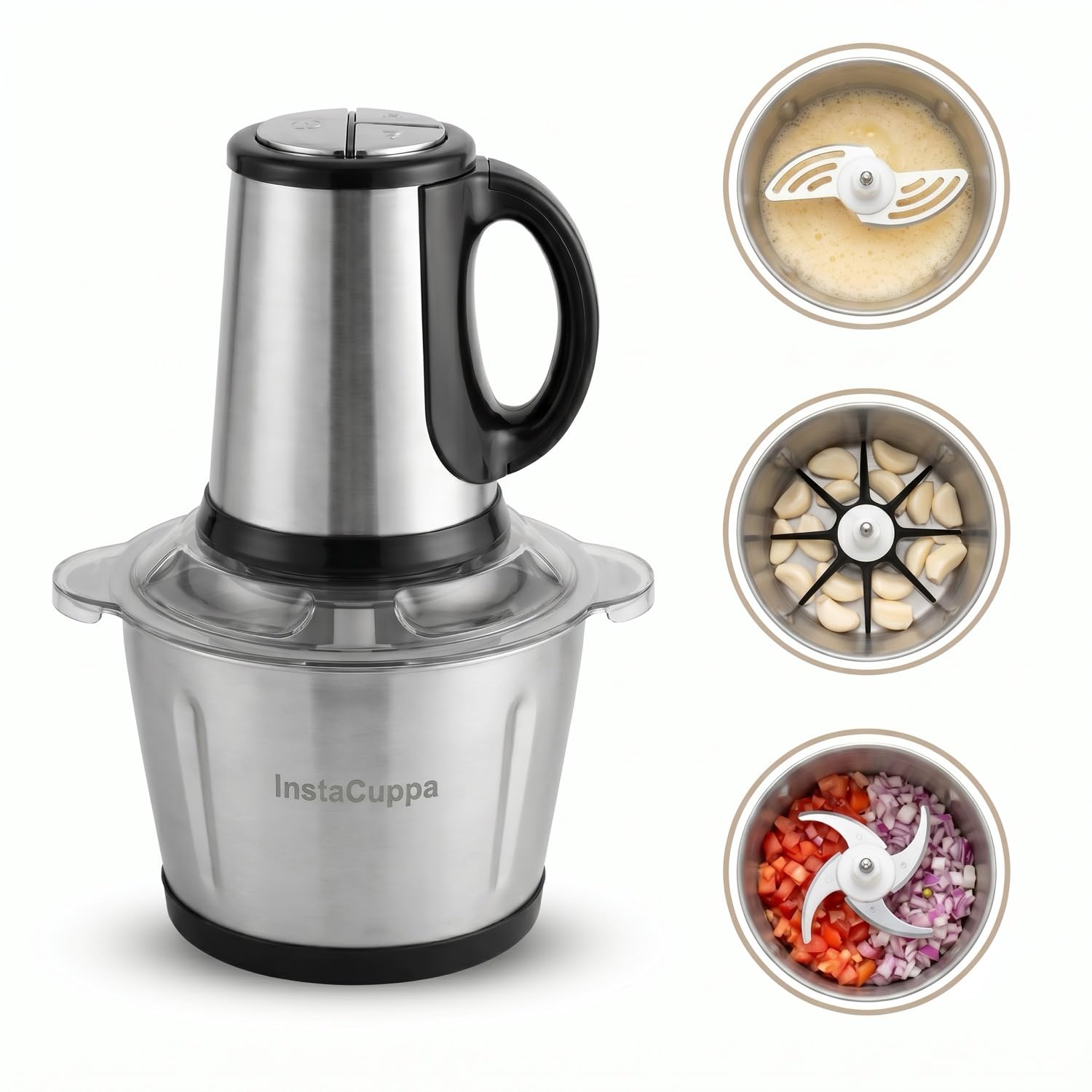 612M5pB8EHL._SL1500_.jpg InstaCuppa Electric Chopper for Kitchen Use with 3 Attachments, 2 Litre Stainless Steel Meat Mincer, 300W Vegetable Cutter Machine with Garlic Peeler and Egg Whisker, Carrot Grater for Busy Moms - Image 1