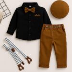 Boys Kids Formal Suspenders Outfit Set – 5-Piece Party Dress with Khaki Trousers, Black Shirt, Suspenders, Bow Tie & Cap | Suit Set For Baby Boy - Image 4