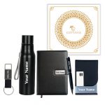 Giftana Personalized Notebook Diary with Pen, Keychain, Water Bottle 750ml and Card holder Gift Set for Men and Women, 5 in 1 Customized Gifts for Father, Corporate Gifts for Employee (Black)
