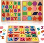 Wooden Montessori Puzzle Board Set for Toddlers 3-5 Years, Alphabet ABC Letters, Numbers, Shapes Matching Puzzle, Educational Learning Toy for Preschool Kids Boys Girls Age 2 3 4 5 Years