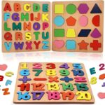 Wooden Montessori Puzzle Board Set for Toddlers 3-5 Years, Alphabet ABC Letters, Numbers, Shapes Matching Puzzle, Educational Learning Toy for Preschool Kids Boys Girls Age 2 3 4 5 Years