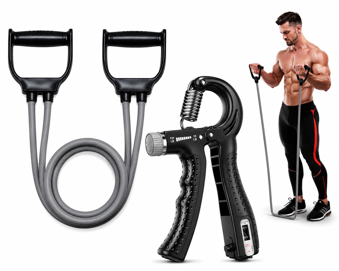 614eAwdnqzL._SL1402_.jpg Adjustable Hand Gripper with Counter (5–60Kg) + Resistance Toning Tube | Grip Strength Trainer for Wrist, Forearm & Hands | Latex Fitness Tube Combo | Home Workout Equipment - Image 1