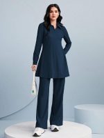 TADKEE Women's Solid Color Two-Piece Set | Long Sleeve Top & Wide Leg Pants Co-ord Set | Casual Wear Co ord Set - Image 5