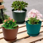 StyleX Store Plastic Round Flower Pots with Drainage Hole Saucers | Durable Outdoor Indoor Wave Pattern Planters with Tray Plant Container for Garden Office, Balcony and Home (Set of 5,Z (Multicolor) - Image 4