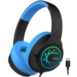 iClever Kids Wired Headphones with LED Light, 85dBA Safe Volume Kids Headphone with Cord, Stereo Sound Foldable Adjustable, USB C Kid Headphones for School/Boys/Girls/iPad, Blue Black