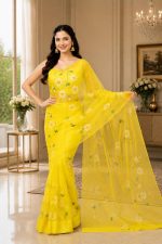 Jogal Women's Floral Designer Hand Brush Painted Zari Organza Saree with Unstitched Blouse Piece - Image 5