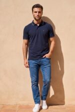 Louis Philippe Men's Slim Fit Single-Tuck Pique Stylized Sleeve Print and Contrast Tipping Half Sleeve Solid Polo Tshirt - Image 3
