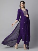 GoSriKi Women’s Cotton Blend Embroidered Kurta Set with Pant & Dupatta – Straight Calf‑Length, 3/4 Sleeve, Round Neck – Elegant Ethnic Attire (5 Colors, S–5XL) - Image 4