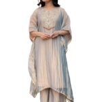 GoSriKi Fendy Glass Embroidered A-Line Kurta with Palazzo for Women | Fendy Glass Grey | Kaftan Sleeve | Round Neck | Ethnic Wear Casual Wear