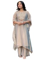 GoSriKi Fendy Glass Embroidered A-Line Kurta with Palazzo for Women | Fendy Glass Grey | Kaftan Sleeve | Round Neck | Ethnic Wear Casual Wear